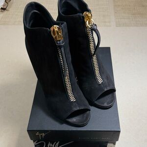 Jimmy Choo Black Peep-Toe Boots with Gold Zipper